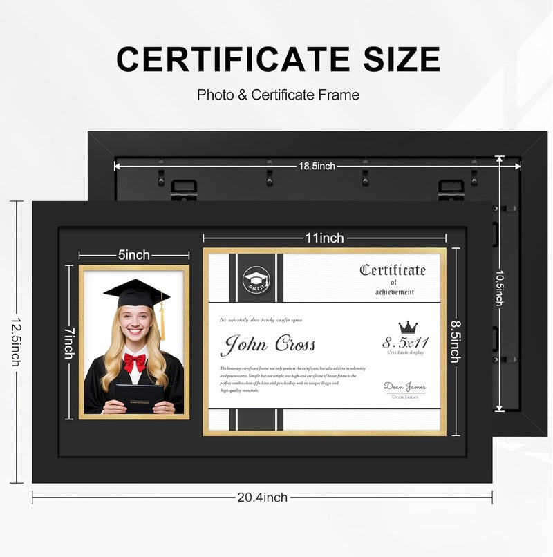 Picrit 11x19 Wood Diploma Frame and Pictures Frame for 8.5x11 Certificate/Degree Document & 5x7 Graduation Photos, with Tempered Glass, Black over Gold Mat, Wall Mount Display - Image 4
